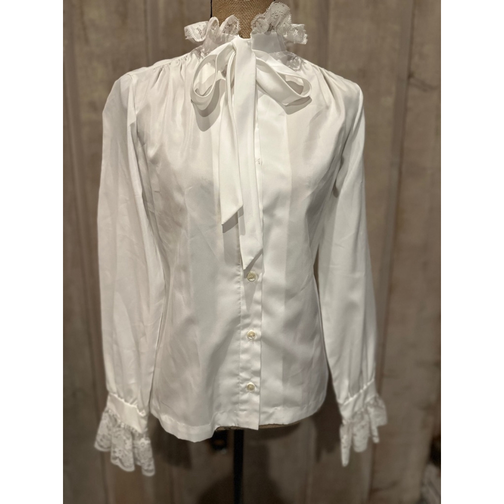 Vintage Lee Mar Pageant 70's 80's White Lace Ruffle Pirate High Neck Blouse 10